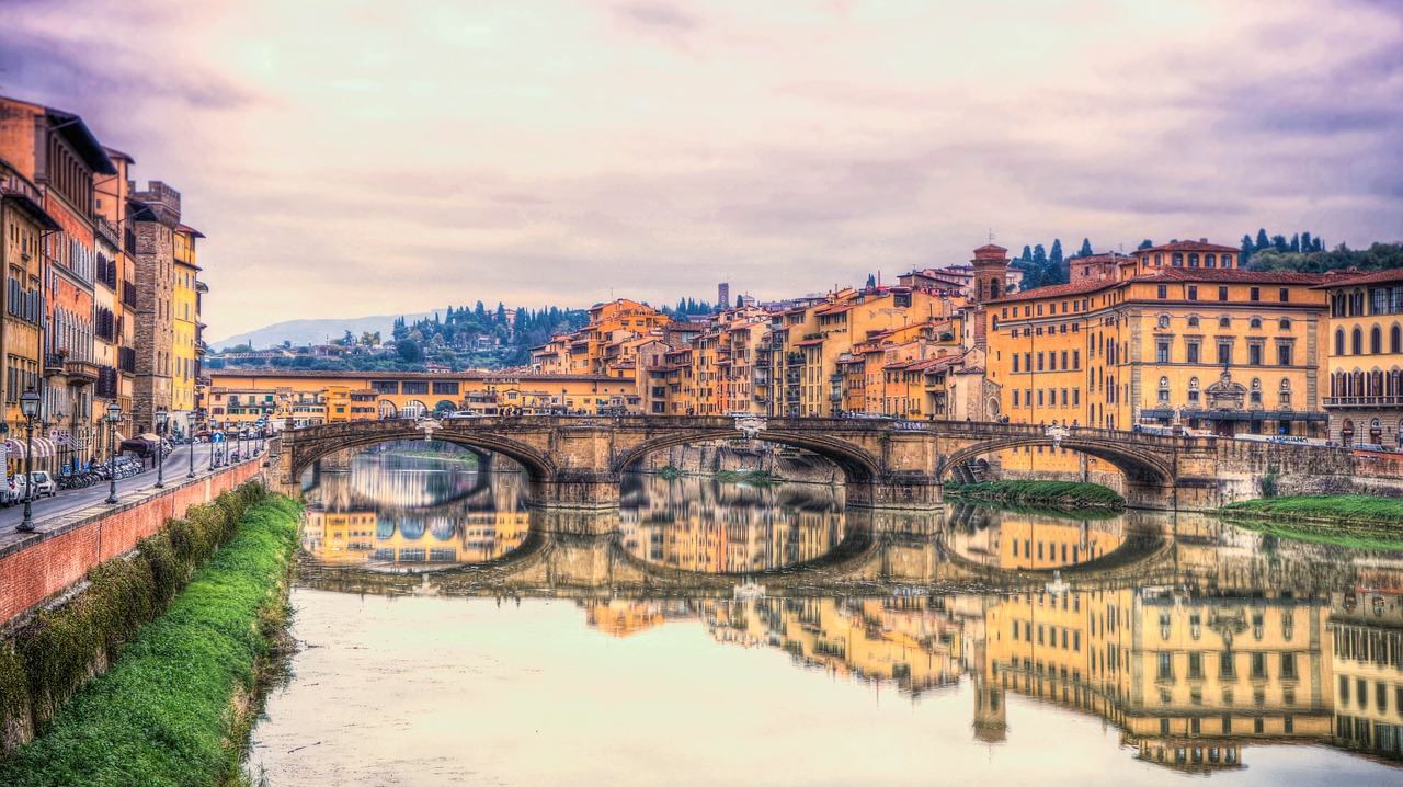 Ponte Vecchio, Florencija, Italy, Arno Upė, Saulėlydis, Apmąstymai, Firenze, Architektūra, Europa, Tiltas