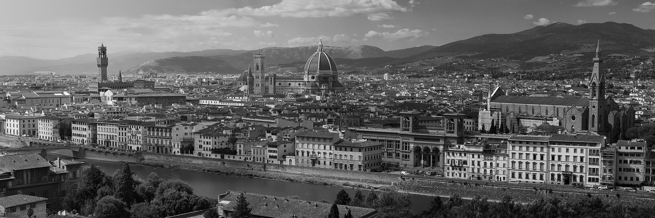 Florencija, Italy, Toskana, Juoda Ir Balta, Panoraminis, Duomo, Arno, Kupolas, Miesto Panorama, Firenze