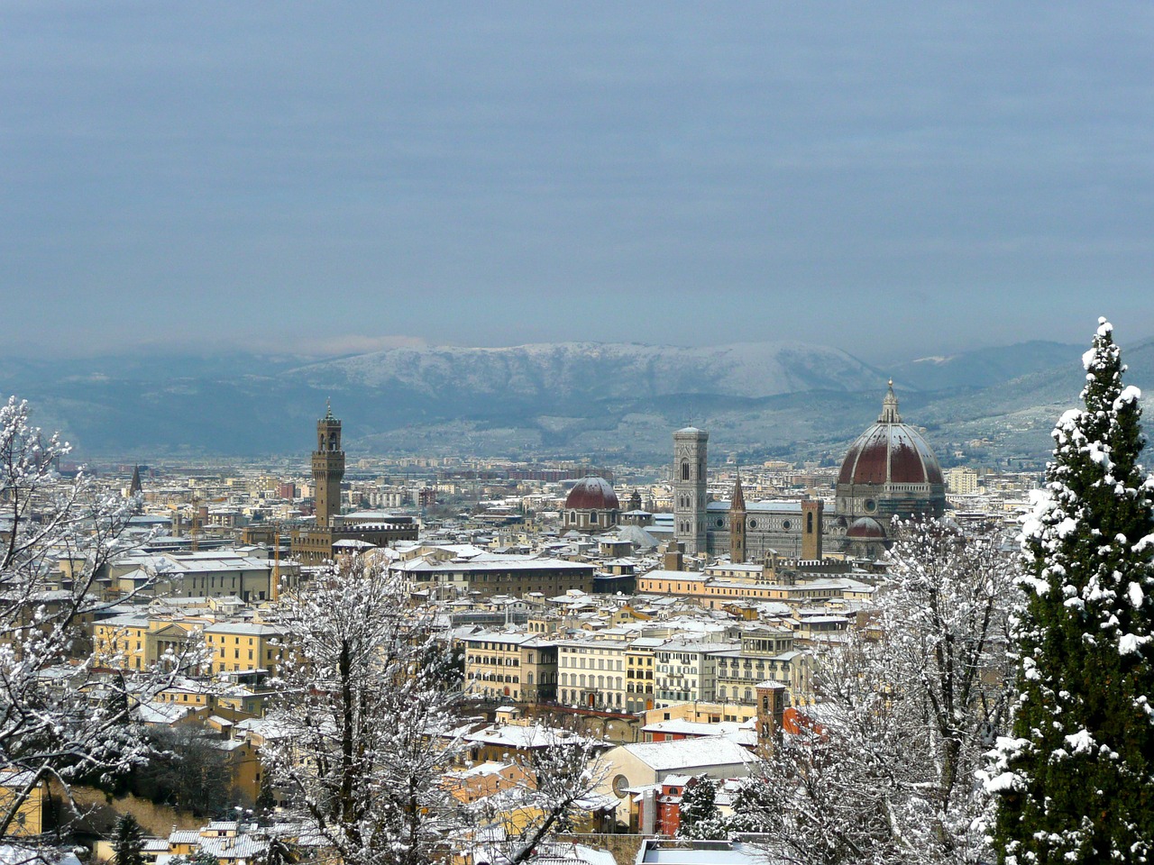 Florencija, Italy, Žiema, Kraštovaizdis, Sniegas, Dengimas, Toskana, Architektūra, Firenze, Orientyras