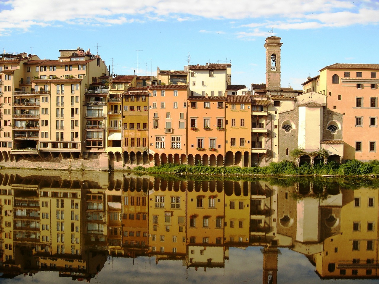 Florencija, Italy, Toskana, Arno Upė, Atspindys, Architektūra, Panorama, Miestas, Miesto Panorama, Bokštas