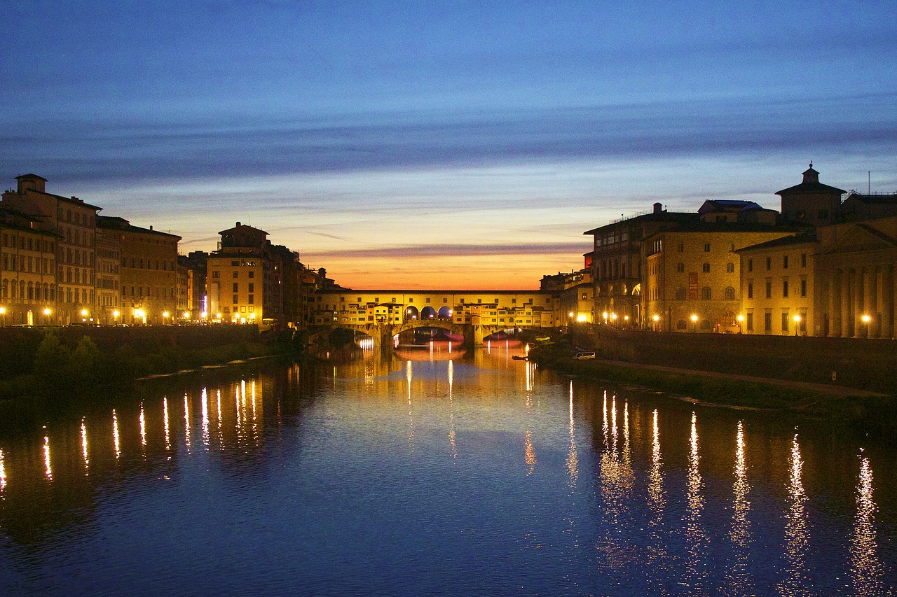 Florencija, Tiltas, Naktis, Žibintai, Saulėlydis, Upė, Italy, Miestas, Ponte, Vecchio