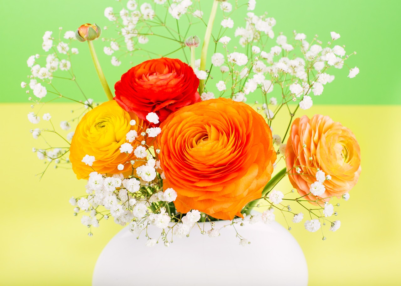 Gėlė, Ranunculus, Oranžinė, Gėlių Vaza, Gamta, Šviesus, Spalvinga, Puokštė, Pavasaris, Žiedas
