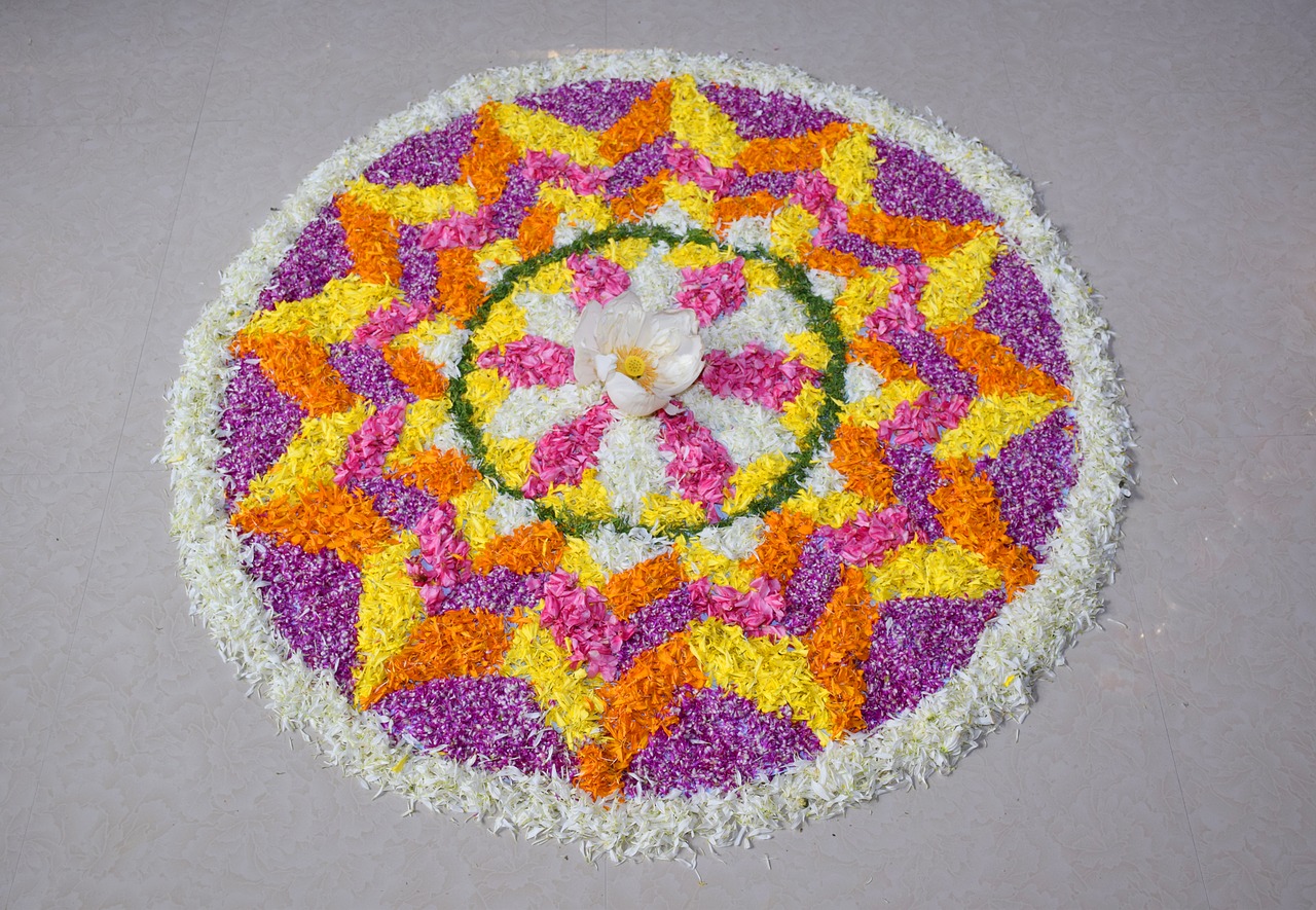 Gėlių Kilimas, Pookalam, Onapookalamas, Gėlių Išdėstymas Ant Žemės, Onam, Kerala Festivalis, Kerala, Nemokamos Nuotraukos,  Nemokama Licenzija