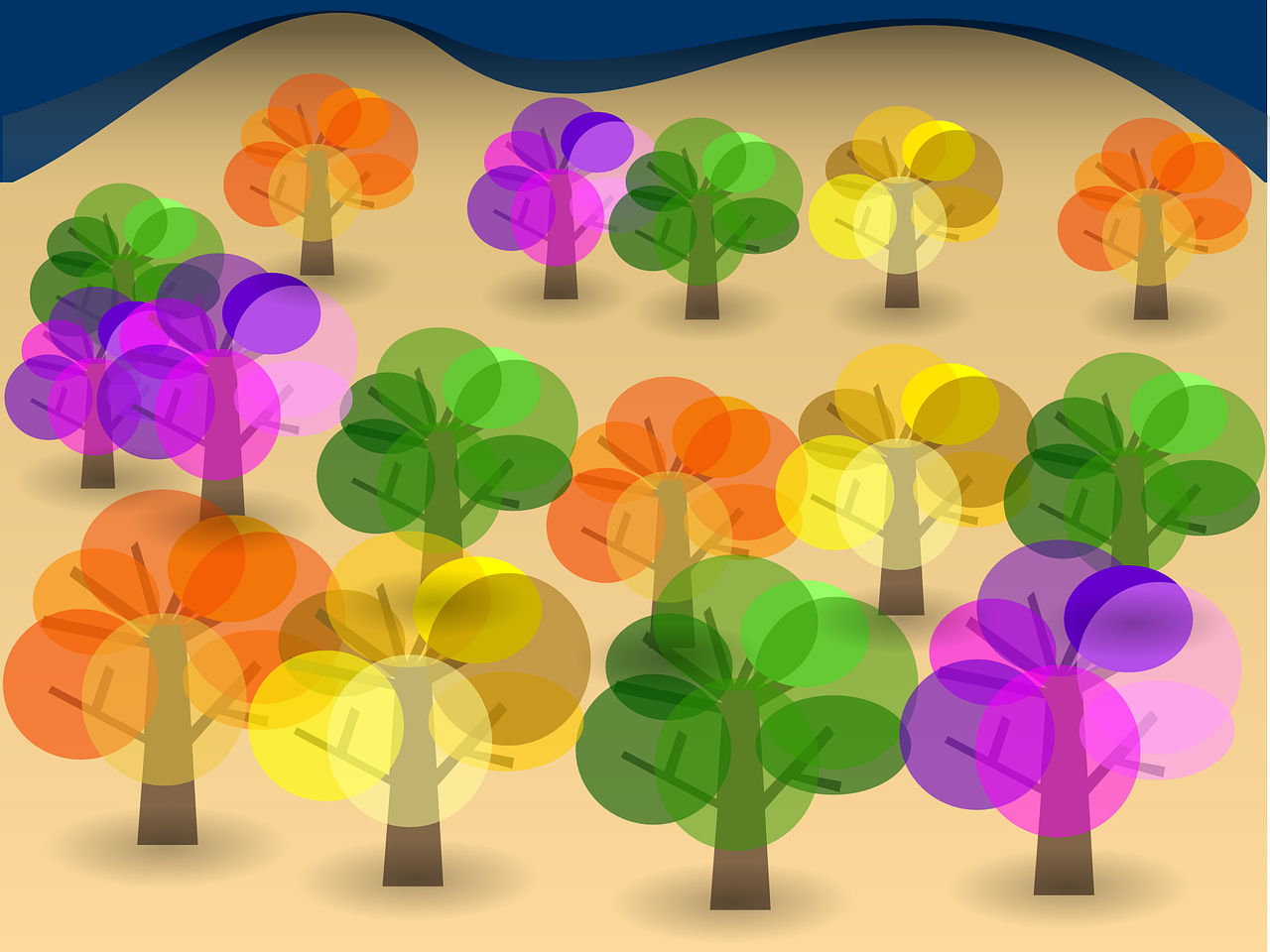 Miškas, Medžiai, Spalvinga, Augalai, Žalias, Violetinė, Oranžinė, Geltona, Nemokama Vektorinė Grafika, Nemokamos Nuotraukos
