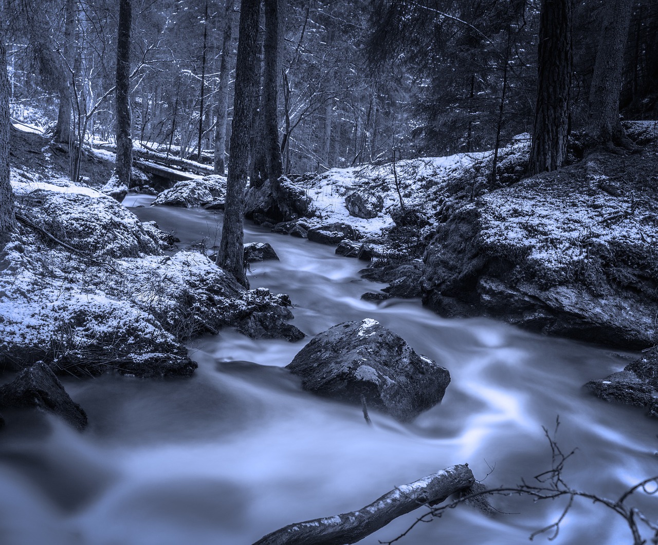 Miškas, Srautas, Žiema, Švedijos Gamta, Upelis, Hdr, Švedija, Medis, Peizažai, Bw