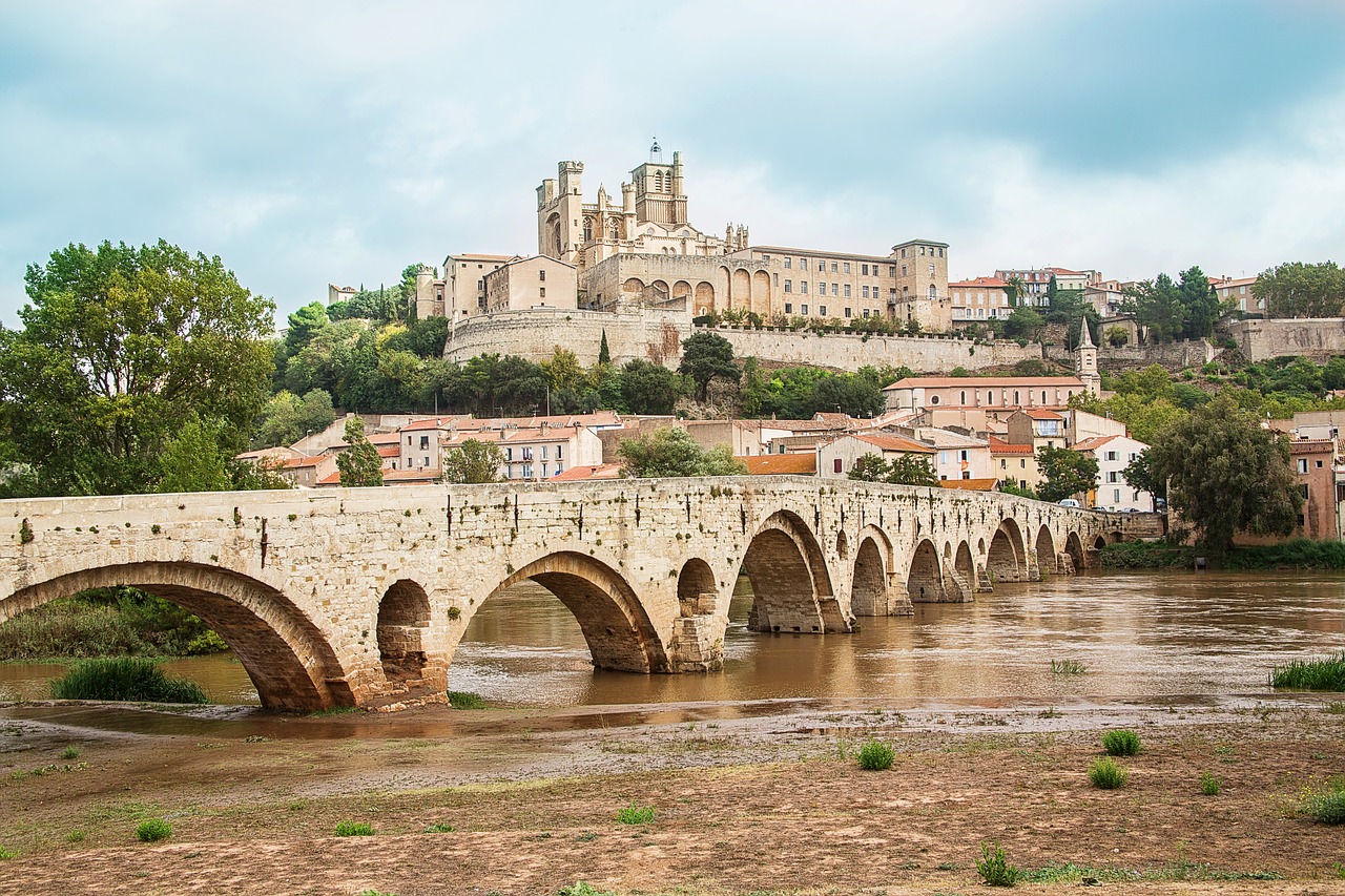 Fortifikacija, Bazilika, Béziers, France, Bažnyčia, Tiltas, Upė, Architektūra, Paminklas, Dangus