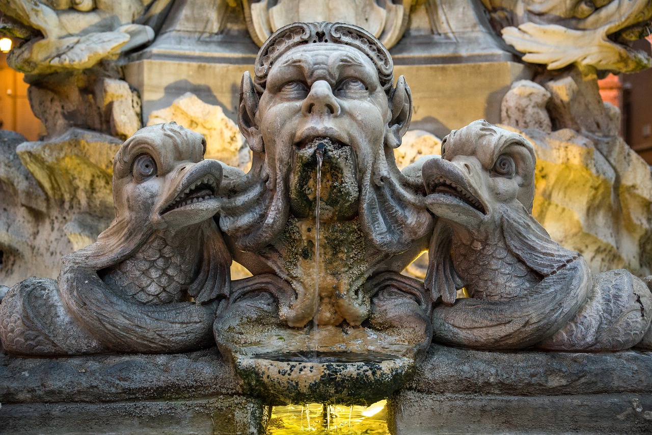 Fontanas,  Vandens,  Skulptūra,  Reaktyvinis,  Žuvis,  Panteonas,  Piazza Della Rotonda,  Roma,  Italija,  Europa