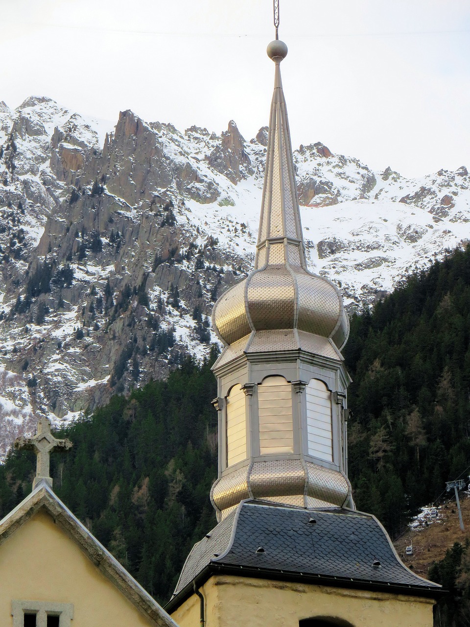 France, Haute-Savoie, Chamonix, Bažnyčia, Stogas, Lemputė, Kalnas, Panorama, Sniegas, Šaltas