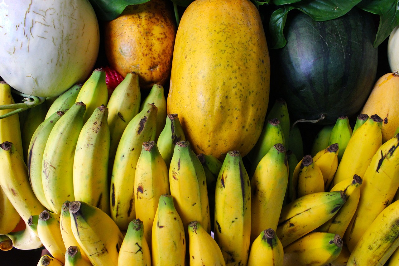 Vaisiai, Bananai, Melionai, Maistas, Sveikas, Ekologiškas, Šviežias, Saldus, Mityba, Mityba