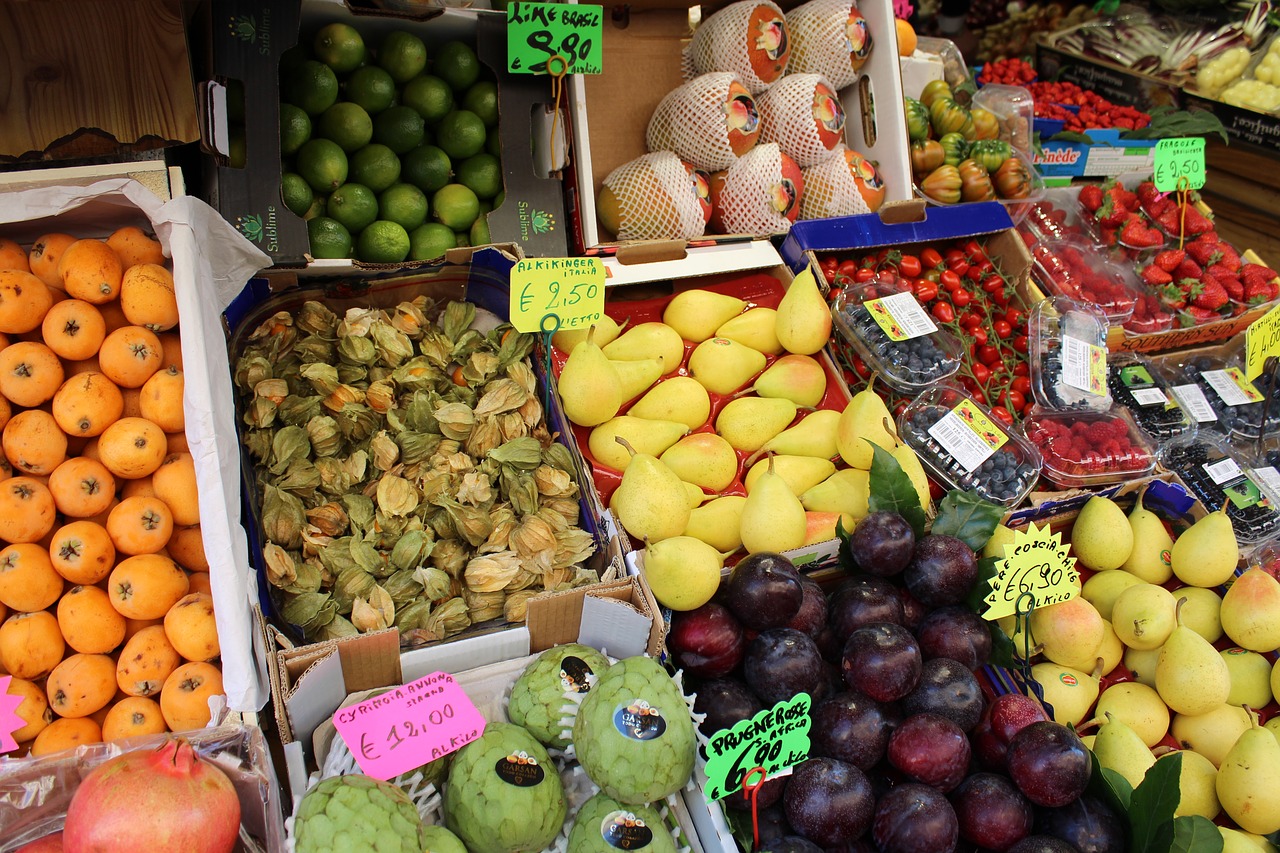 Vaisiai, Turgus, Greengrocer, Maistas, Ekologiškas, Šiukšlių Dėžė, Vaisių Rinka, Spalvos, Poveikis, Maisto Produktai