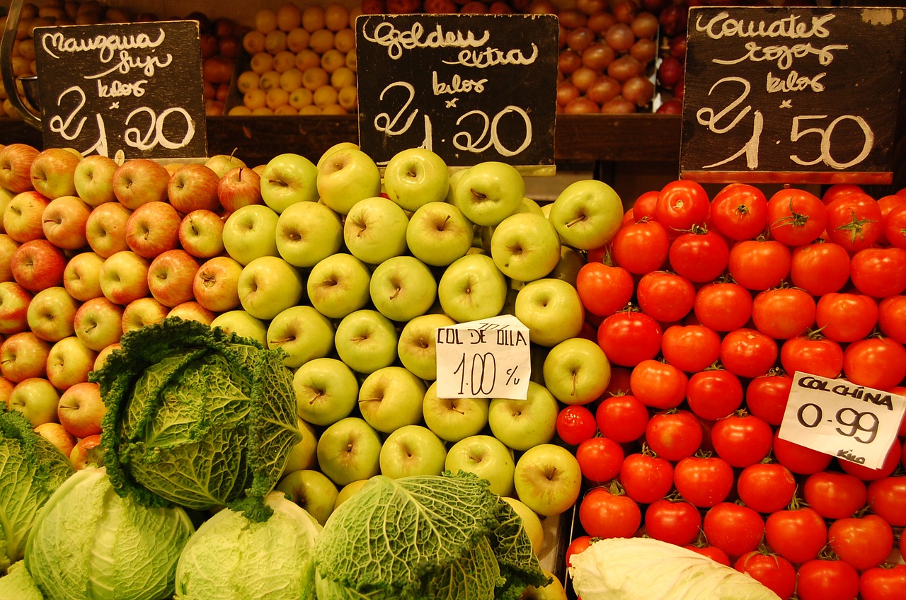 Vaisiai, Turgus, Maistas, Maisto Produktai, Obuolys, Greengrocer, Vaisių Rinka, Daržovės, Spalvos, Skonį