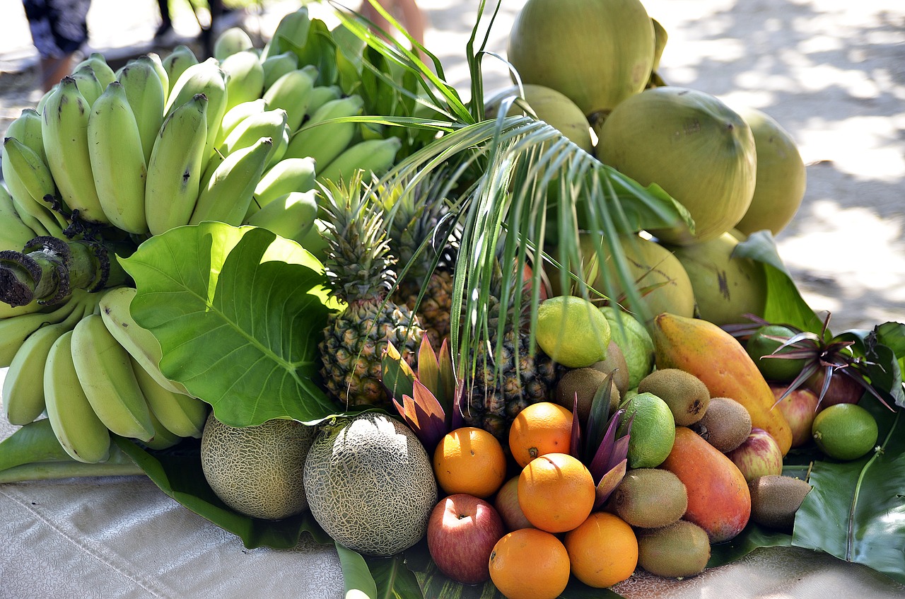 Vaisiai, Papludimys, Atogrąžų, Vasara, Natūralus, Egzotiškas, Bananas, Ananasai, Oranžinė, Obuolys