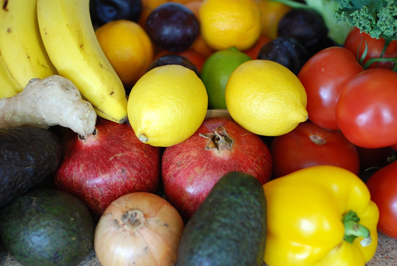 Vaisiai, Šviežias, Žaliavinis, Daržovės, Spalvinga, Sezoninis, Medley, Geltona, Bananas, Citrina