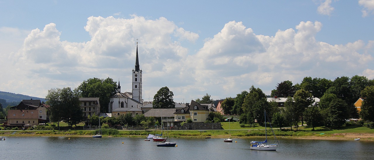 Frymburk, Miestas, Kaimas, Vasara, Lipno, Vanduo, Vandens Lygis, Laivas, Poilsis, Bažnyčia