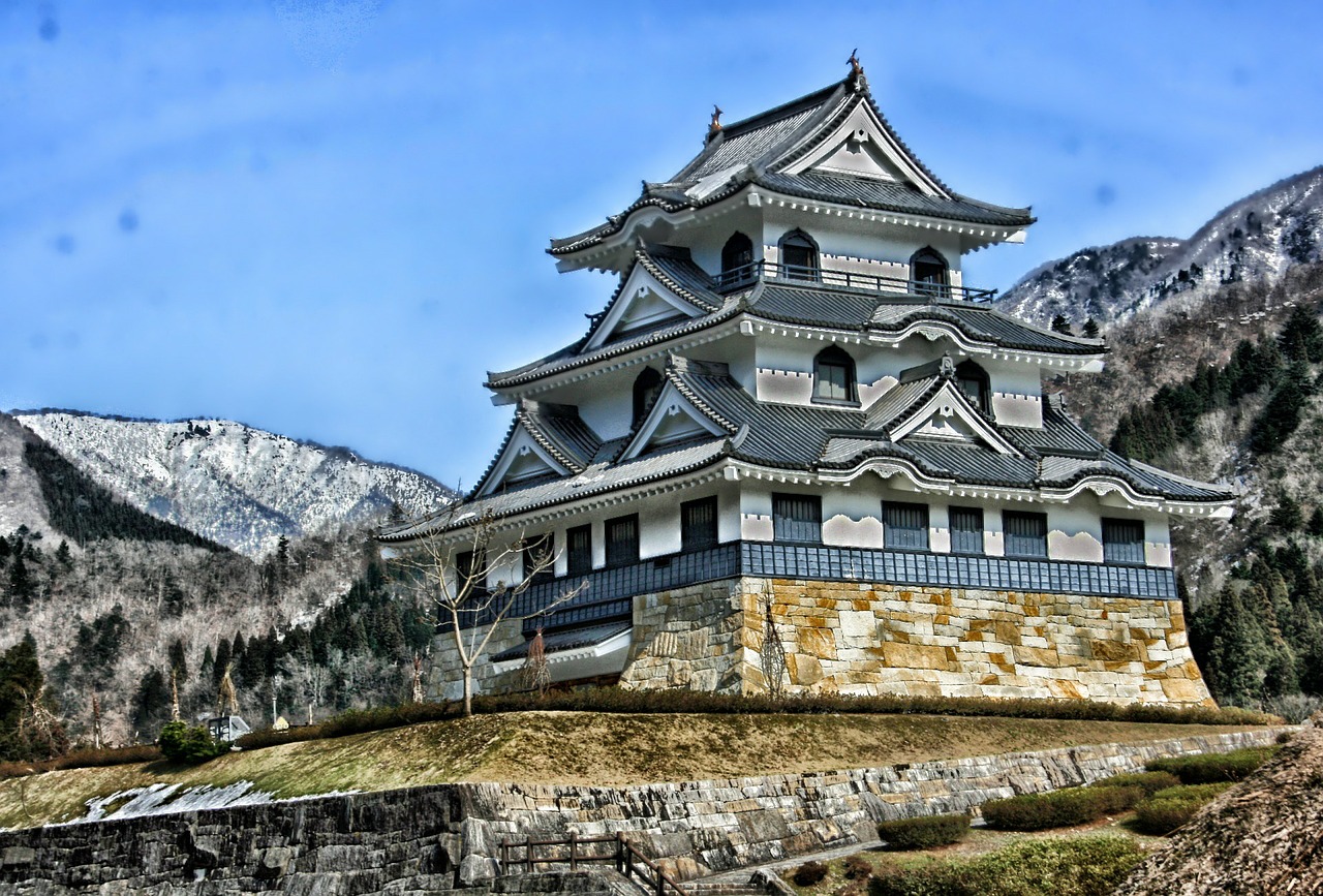 Fujihashi Pilis, Japonija, Istorinis, Orientyras, Hdr, Kalnai, Miškas, Medžiai, Žiema, Sniegas