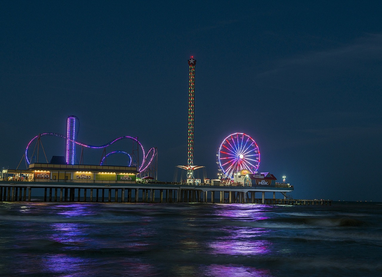 Galveston,  Texas,  Panorama,  Parkas,  Pramogos,  Žibintai,  Atspindys,  Architektūra,  Miesto Panorama,  Krantas