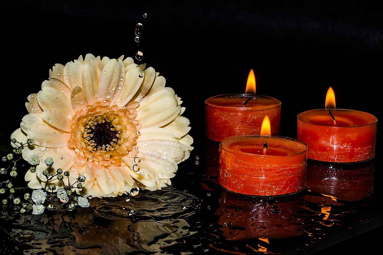 Gerbera, Gypsophila, Žvakės, Žvakių Šviesa, Liepsna, Deginančios Žvakės, Šviesa, Gėlės, Žiedlapiai, Oranžinė