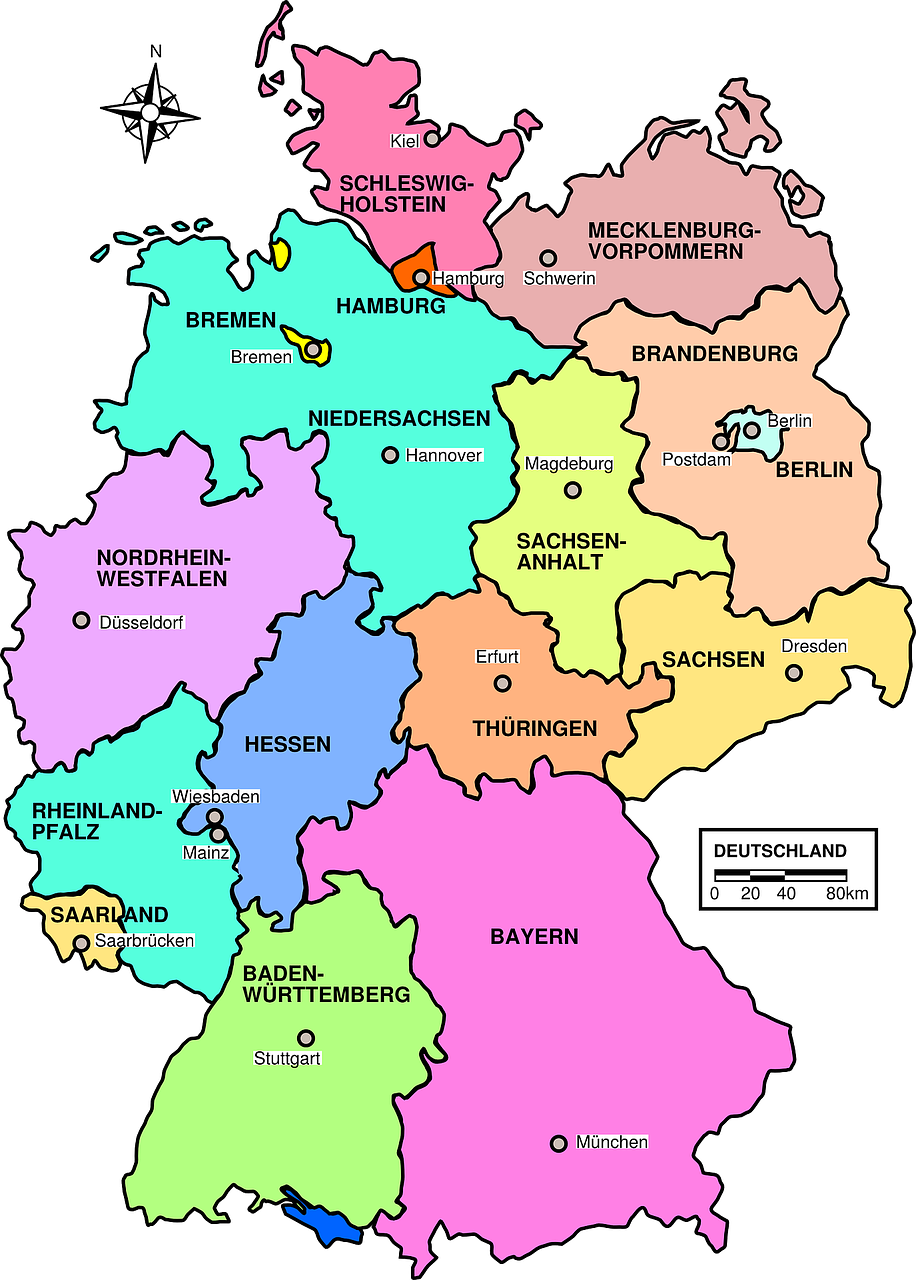 Vokietija, Žemėlapis, Politinis, Regionai, Šalis, Europa, Geografija, Kartografija, Nemokama Vektorinė Grafika, Nemokamos Nuotraukos