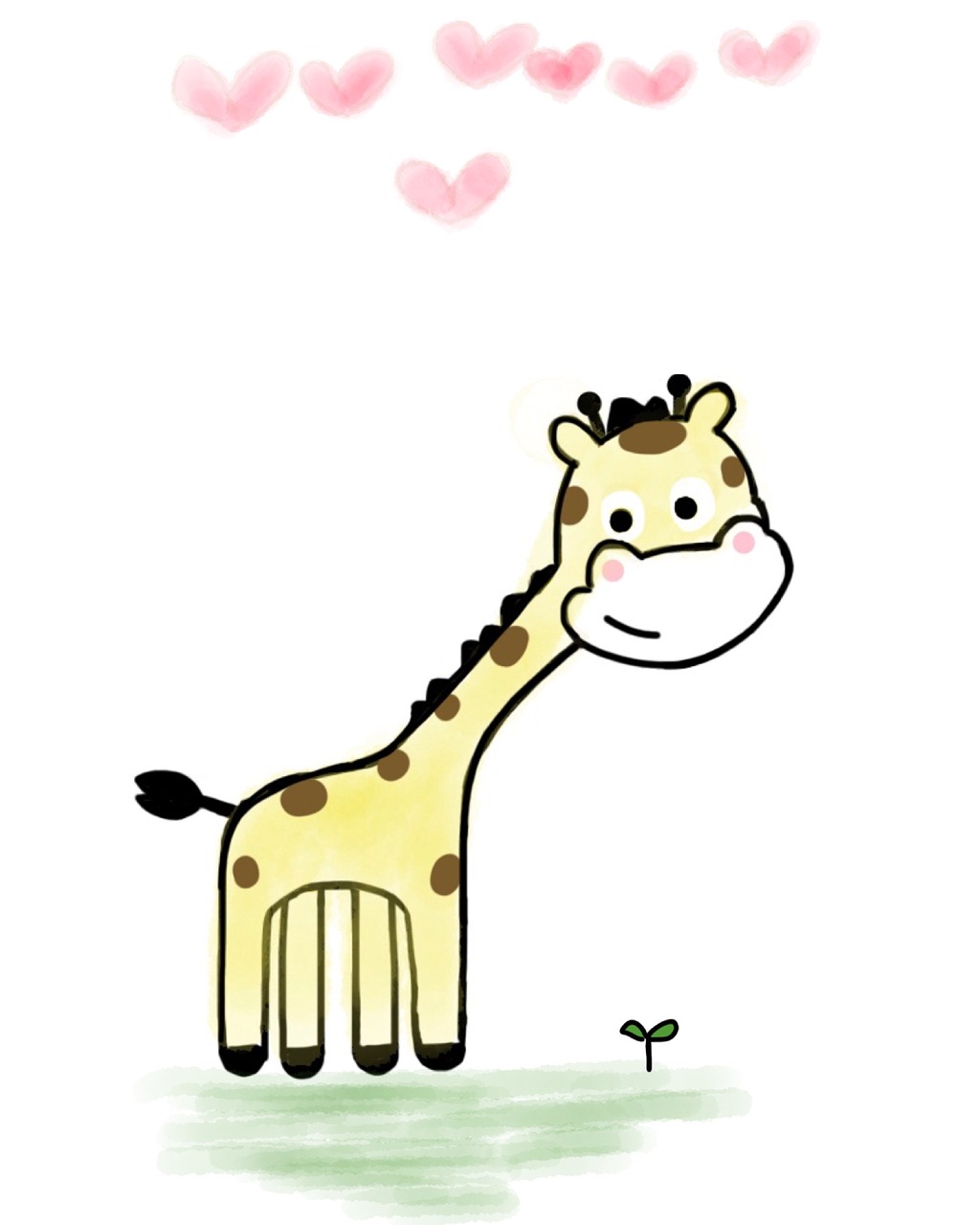 Žirafa,  Mielas Žirafas,  Širdis,  Žalia Žolė,  Lapai,  Animacinis Filmas,  Mielas,  Gyvūnas,  Žavinga,  Piešimas