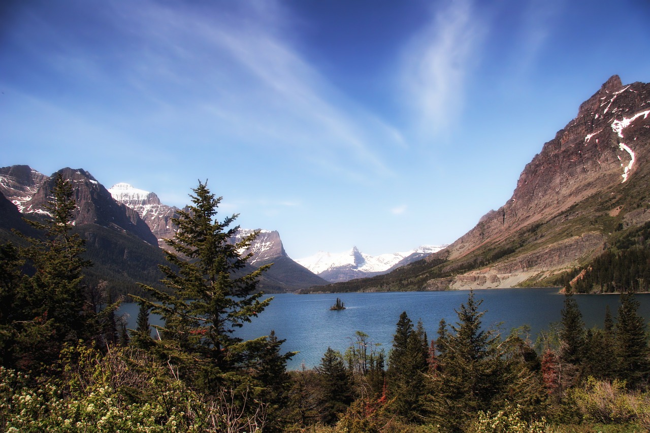 Ledynas Nacionalinis Parkas, Montana, Kalnai, Ežeras, Vanduo, Miškas, Medžiai, Dangus, Debesys, Gamta