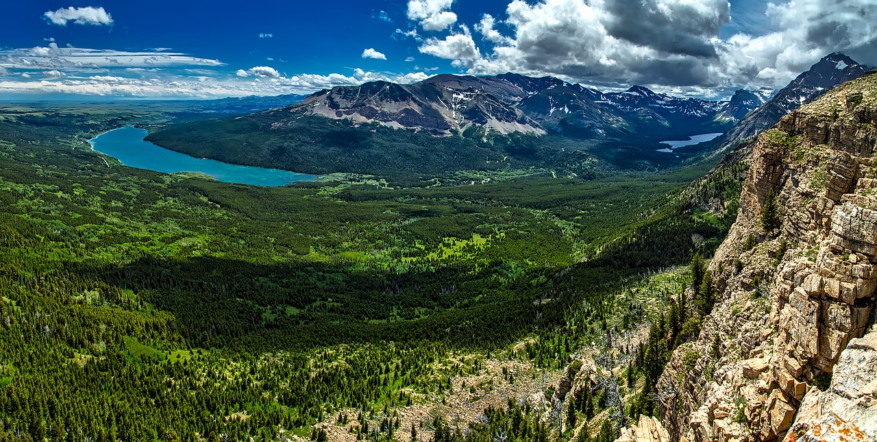 Ledynas Nacionalinis Parkas, Montana, Panorama, Kalnai, Slėnis, Uraganas, Miškas, Medžiai, Miškai, Kraštovaizdis