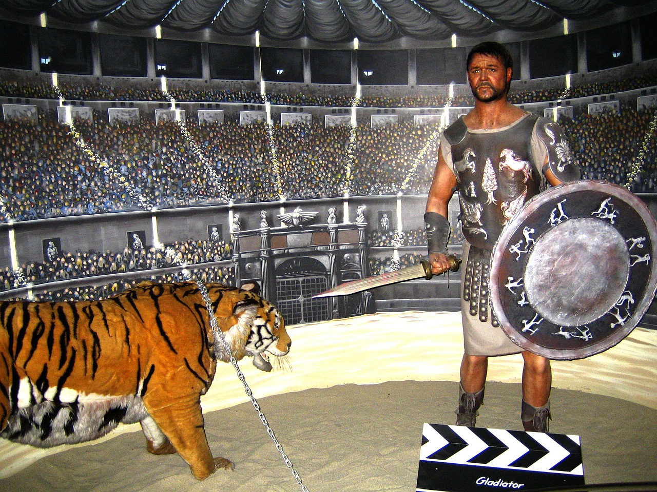 Gladiatorius, Kolosas, Gladiatorių Kova, Kovos Scenos, Romėnų Sritis, Arena, Vaško Figūros, Tigras, Kardas, Skydas