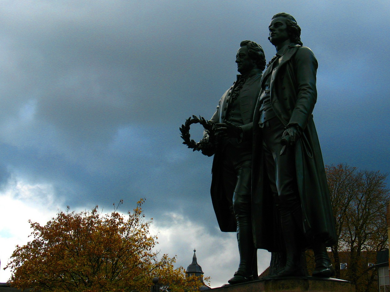 Goethe, Šileris, Paminklas, Weimar, Teatro Aikštė, Bronza, Atgal Šviesa, Dangus, Atmosfera, Siluetas