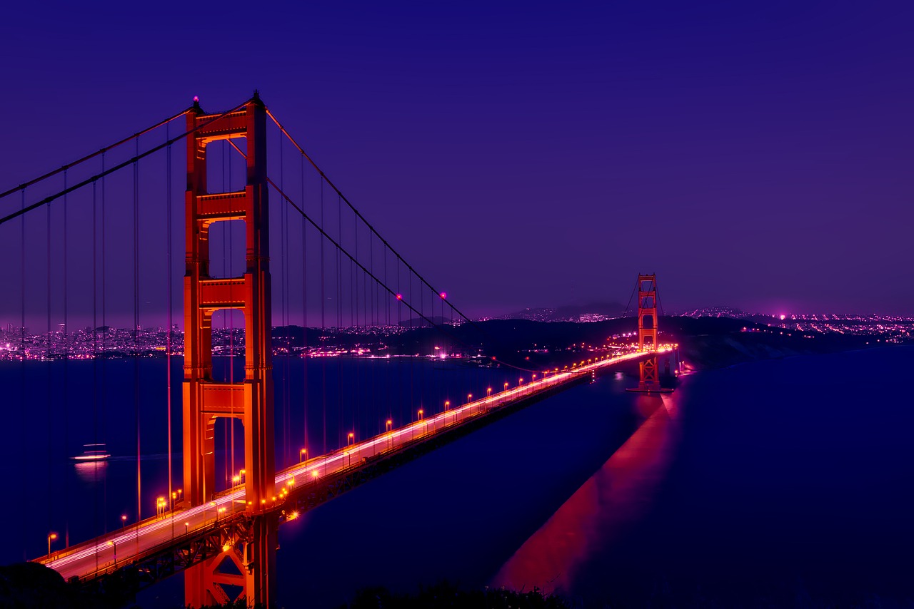 Auksinių Vartų Tiltas, Naktis, Vakaras, Saulėlydis, San Franciskas, Kalifornija, Architektūra, Orientyras, Istorinis, Žinomas