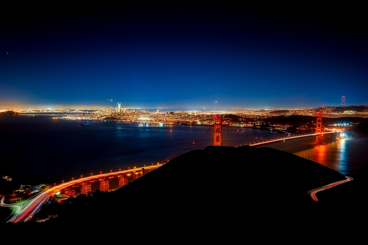 Auksinių Vartų Tiltas, Naktis, Vakaras, San Franciskas, Kalifornija, Architektūra, Įlanka, Žinomas, Gabenimas, Pakaba