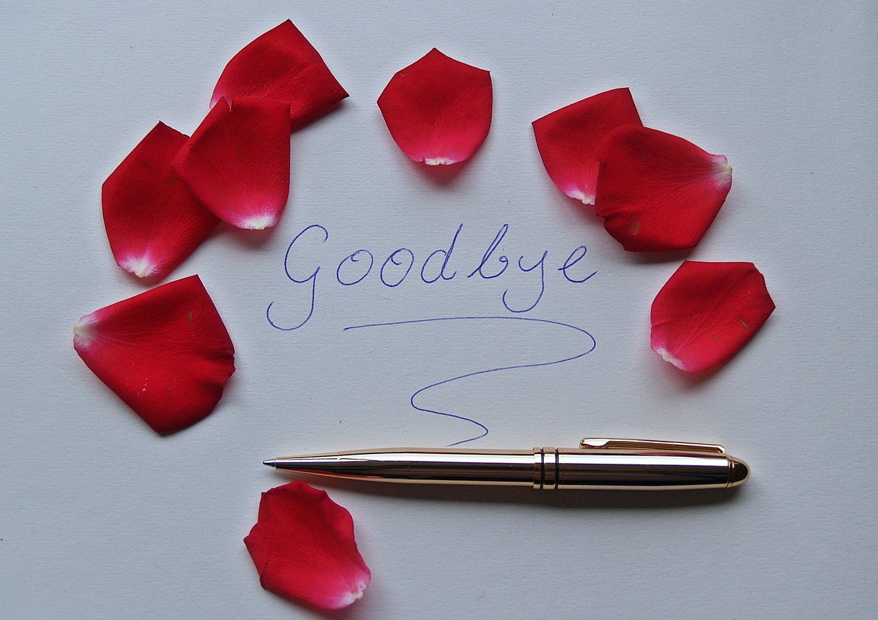 Goodbye, Žodis, Rožių Žiedlapiai, Raudona, Rašiklis, Auksas, Blizgantis, Baltas Popierius, Liūdnas, Atsisveikinimas