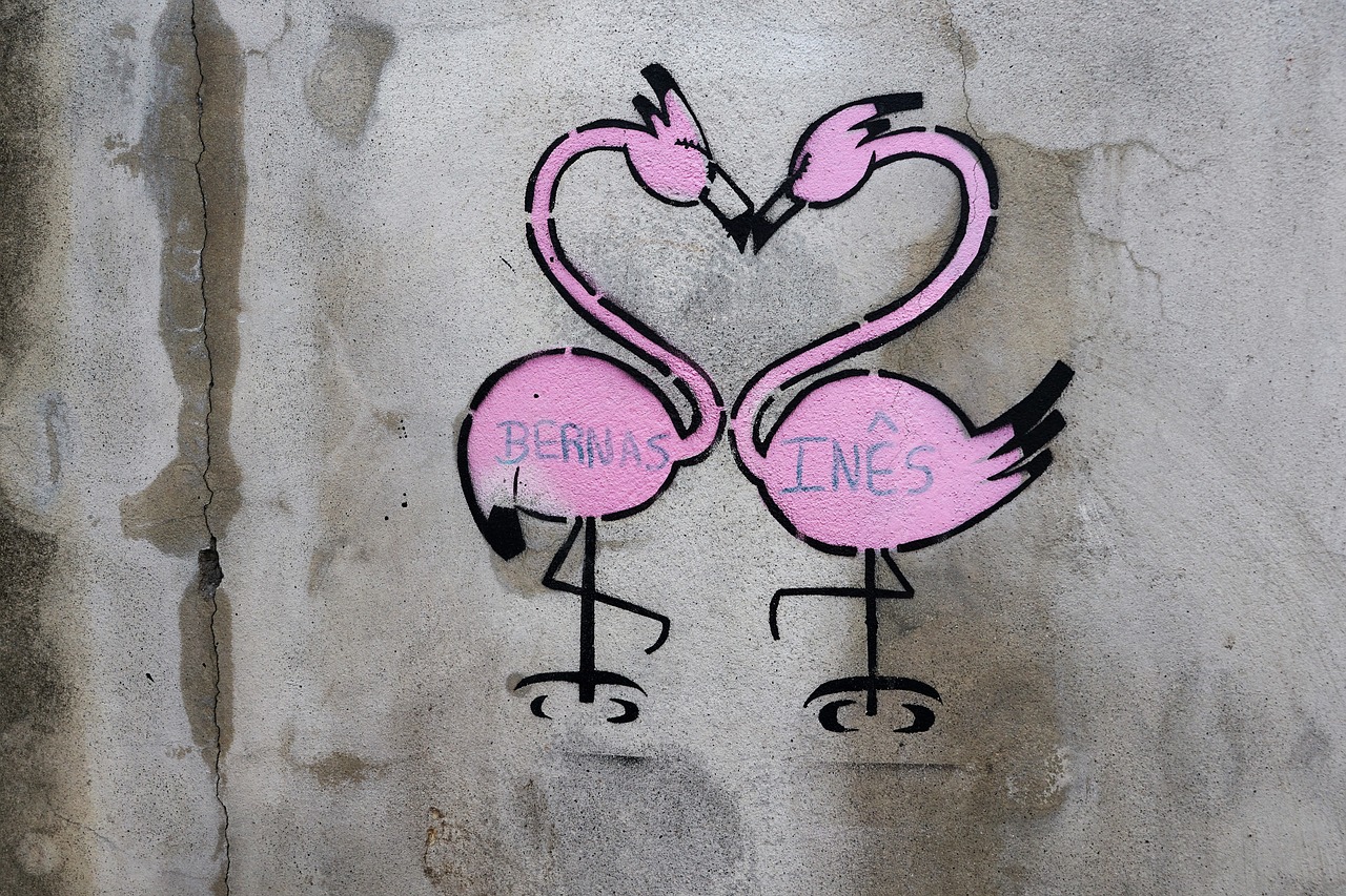 Grafiti, Dažymas, Siena, Ponta Delgada, Azores, Portugal, Flamingo, Meilė, Menas, Širdis