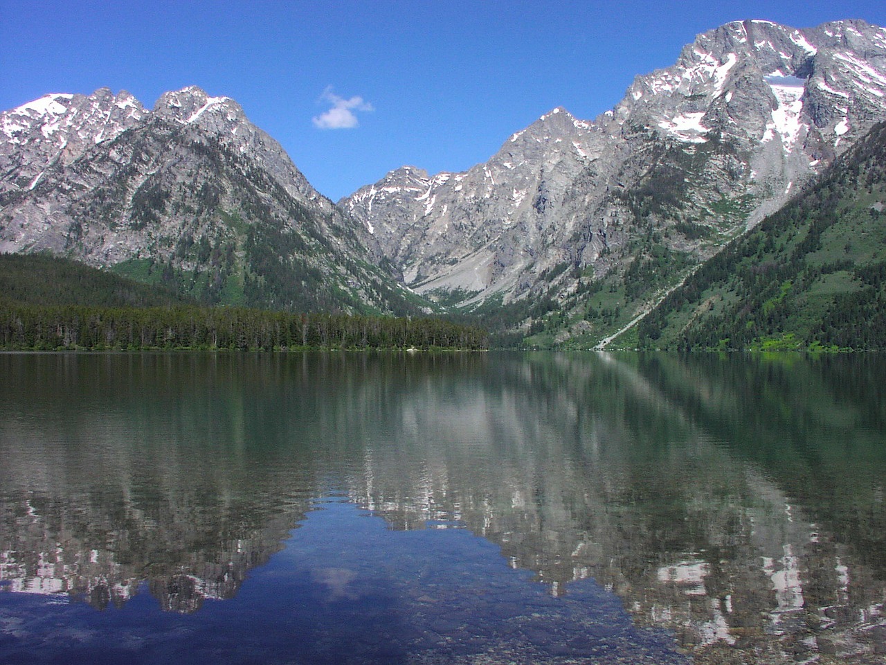 Grand Teton Nacionalinis Parkas, Vajomingas, Leigh Ežeras, Vanduo, Apmąstymai, Kalnai, Sniegas, Gamta, Lauke, Orientyras