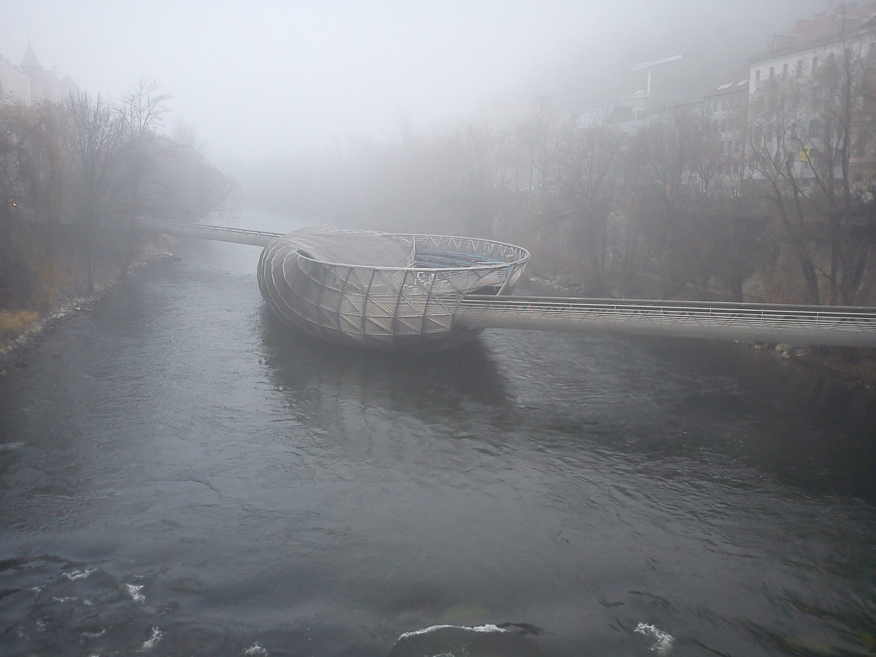 Graz, Murinsel, Rūkas, Ruduo, Tiltas, Architektūra, Orientyras, Upė, Mur, Styria