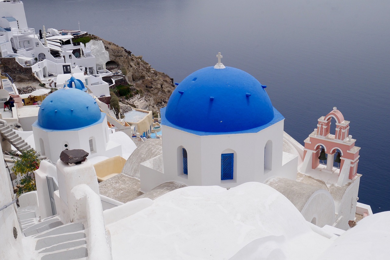 Graikija, Santorini, Graikų Sala, Mėlynas, Architektūra, Vaizdas, Karštas, Jūra, Bažnyčia, Religija