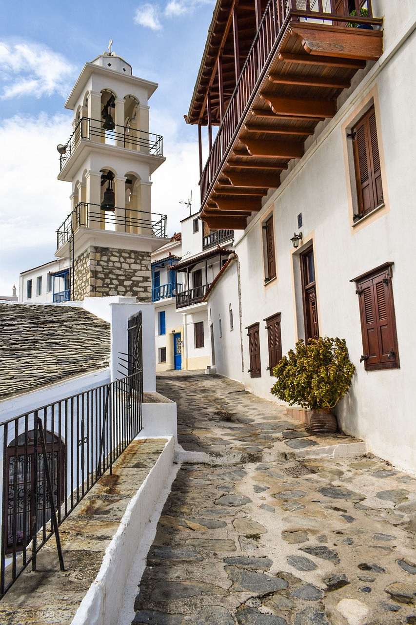 Graikija, Skopelos, Chora, Kaimas, Gatvė, Alėja, Namai, Bažnyčia, Varpinė, Architektūra