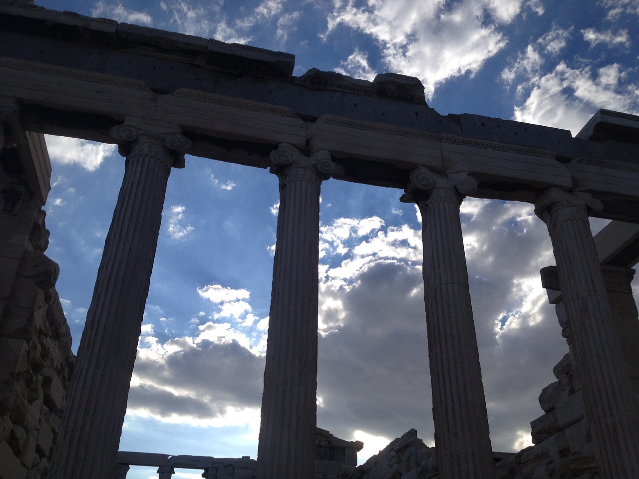 Graikija, Akropolis, Stulpeliai, Dangus, Mėlynas, Griuvėsiai, Senovinis, Debesys, Iš Dugno, Debesis