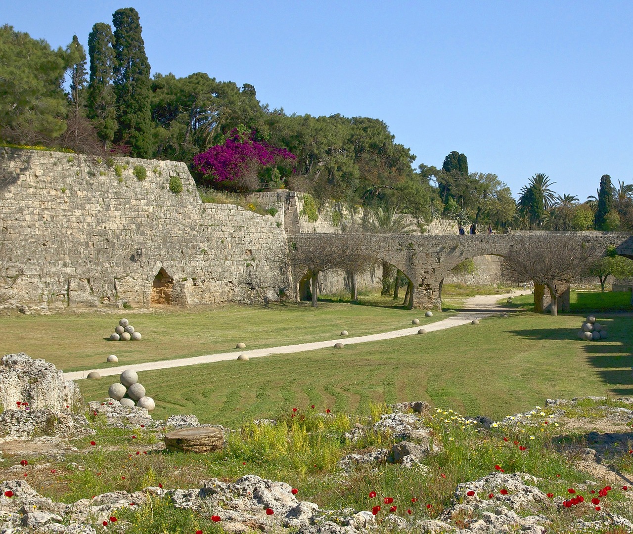 Graikija, Architektūra, Griuvėsiai, Akmuo, Istorinis, Orientyras, Vasara, Lauke, Žolė, Medžiai