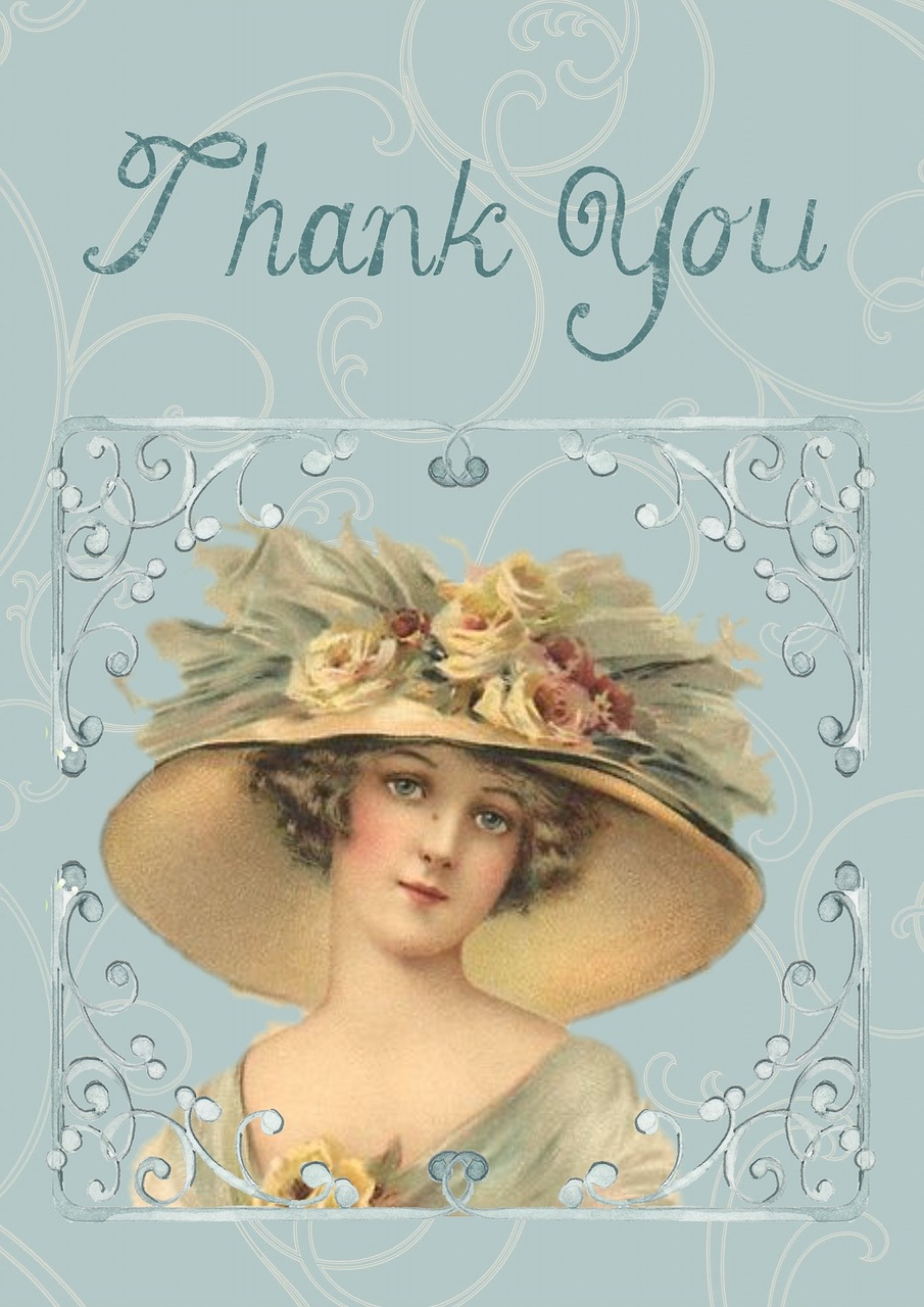 Atvirukas, Vintage, Victorian, Ačiū, Gėlė, Lady, Skrybėlę, Išgalvotas, Pasveikinimas, Kortelė