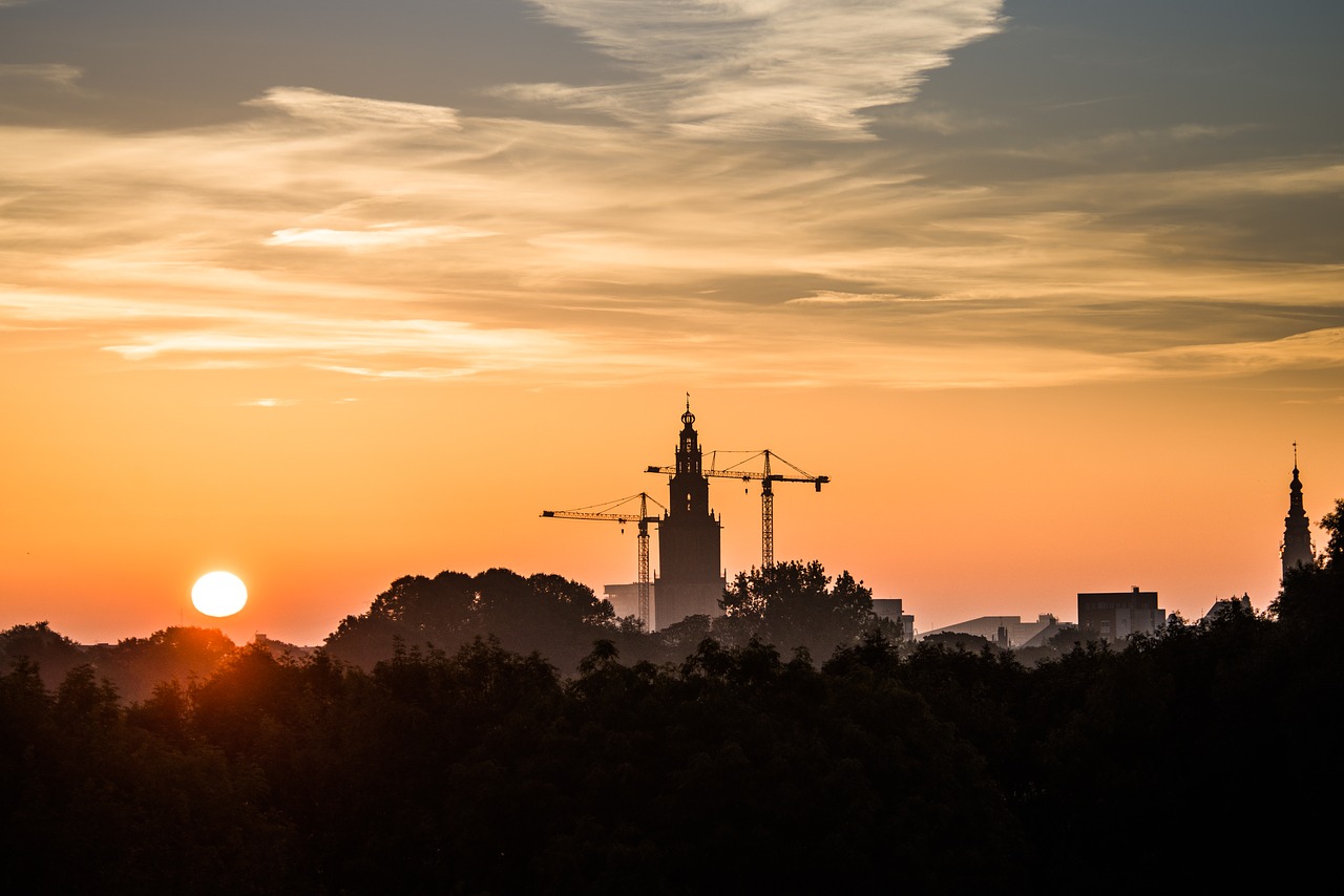 Groningenas, Saulė, Bažnyčia, Oranžinė, Olandija, Martini, Saulėtekis, Martini Bažnyčia, Panorama, Miestas