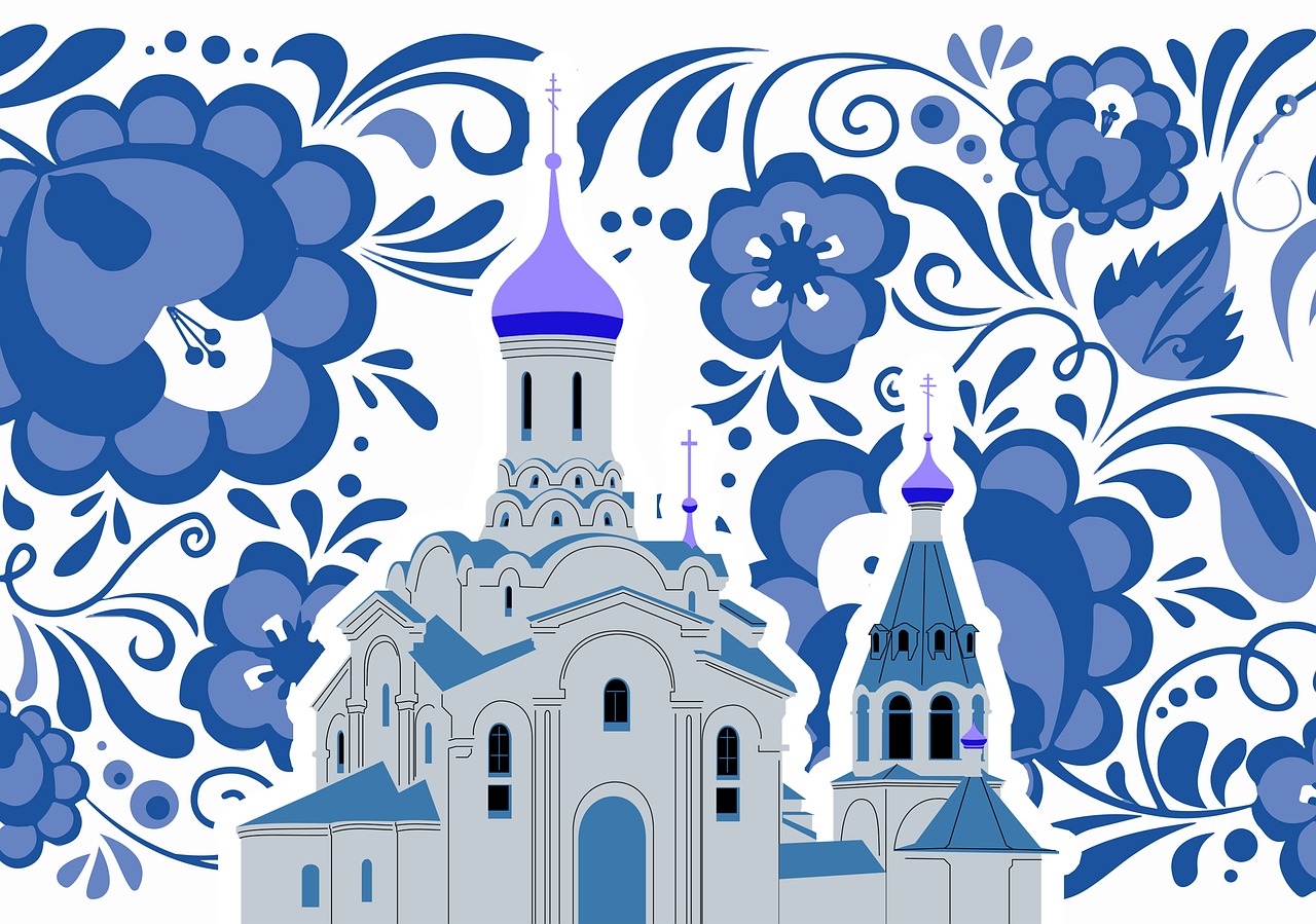 Gzhel, Šventykla, Liaudies Stilius, Ortodoksija, Katedra, Rusija, Stačiatikių Bažnyčia, Koliažas, Rodyti Vietą, Architektūra