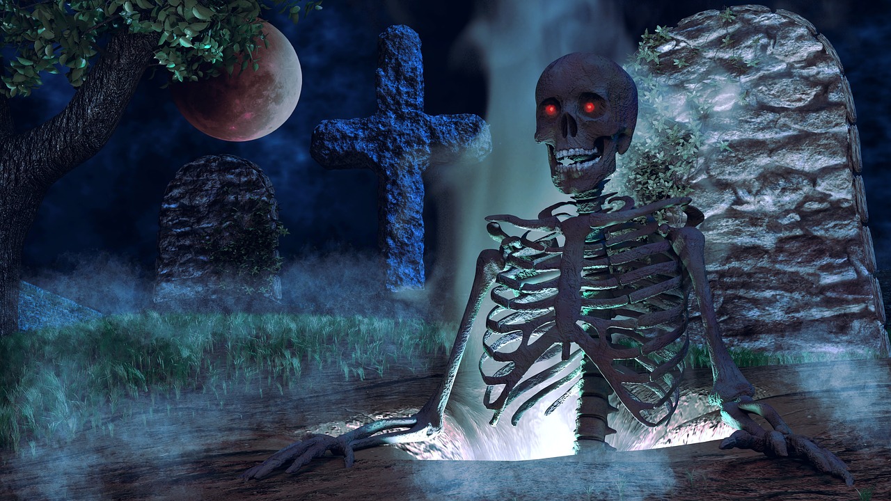 Halloween, Skeletas, Kapinės, Kapai, Creepy, Baugus, 3D, Blenderis, Nemokamos Nuotraukos,  Nemokama Licenzija