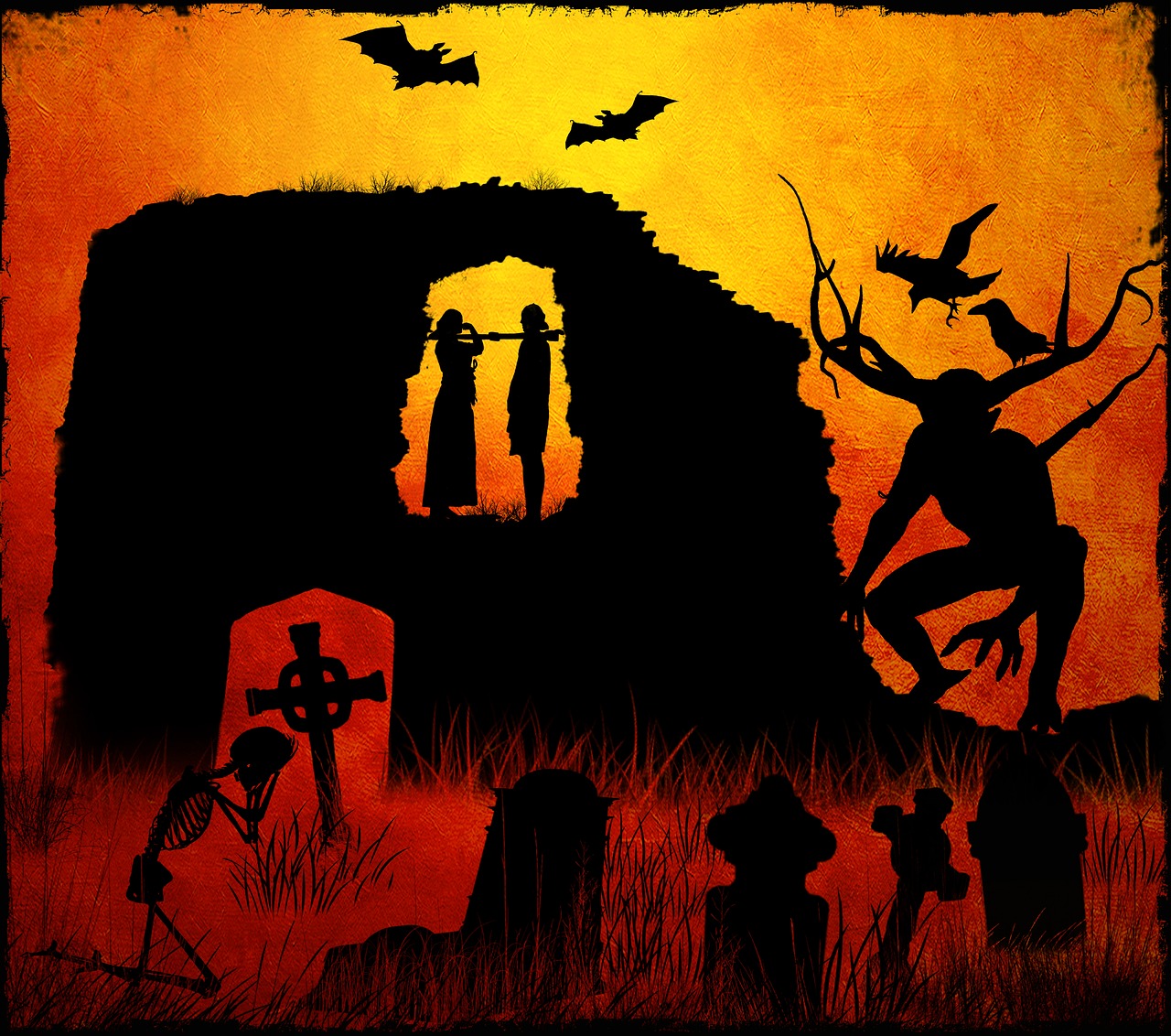 Halloween, Skeletas, Kapai, Šikšnosparnis, Kryžiai, Vykdymas, Keista, Creepy, Siluetas, Siaubas