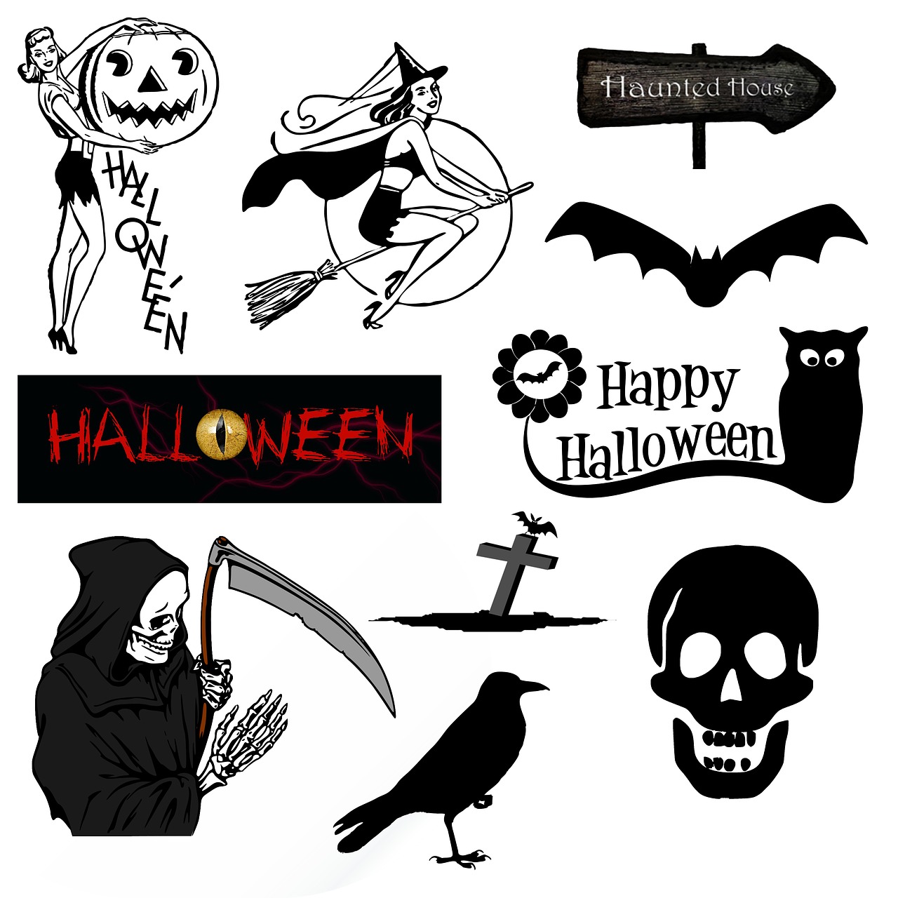 Halloween, Piktogramos, Simboliai, Vintage, Retro, Juoda, Siluetas, Moteris, Ragana, Šluotukas