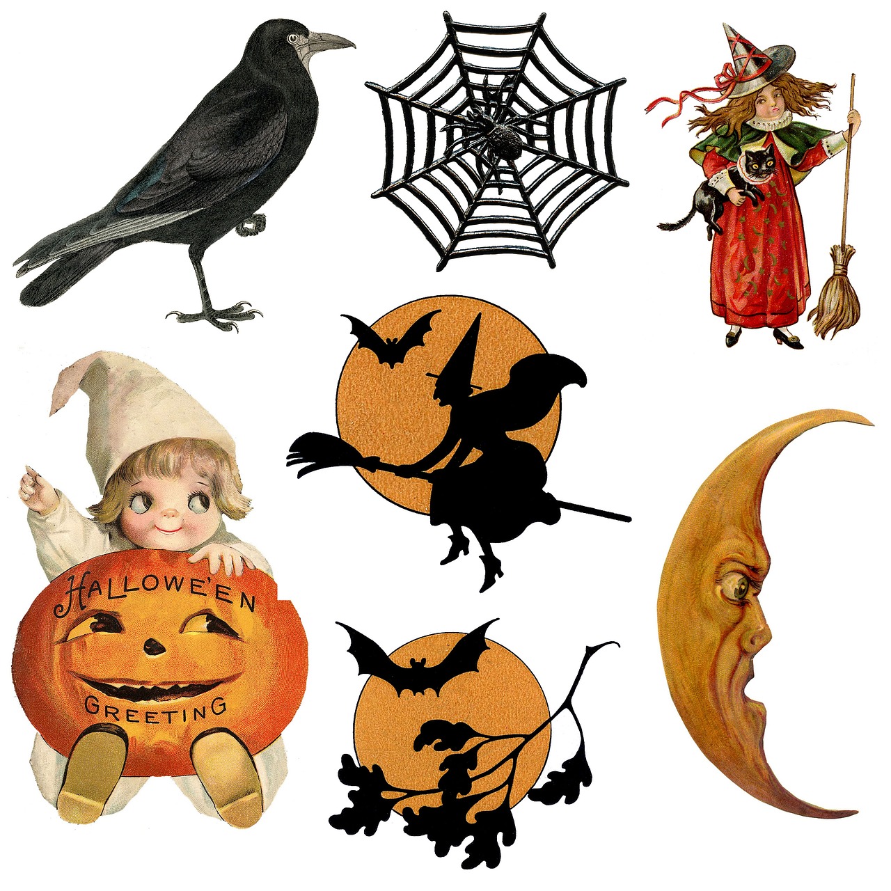 Halloween, Piktogramos, Simboliai, Vintage, Retro, Varnas, Ragana, Moliūgas, Berniukas, Mergaitė
