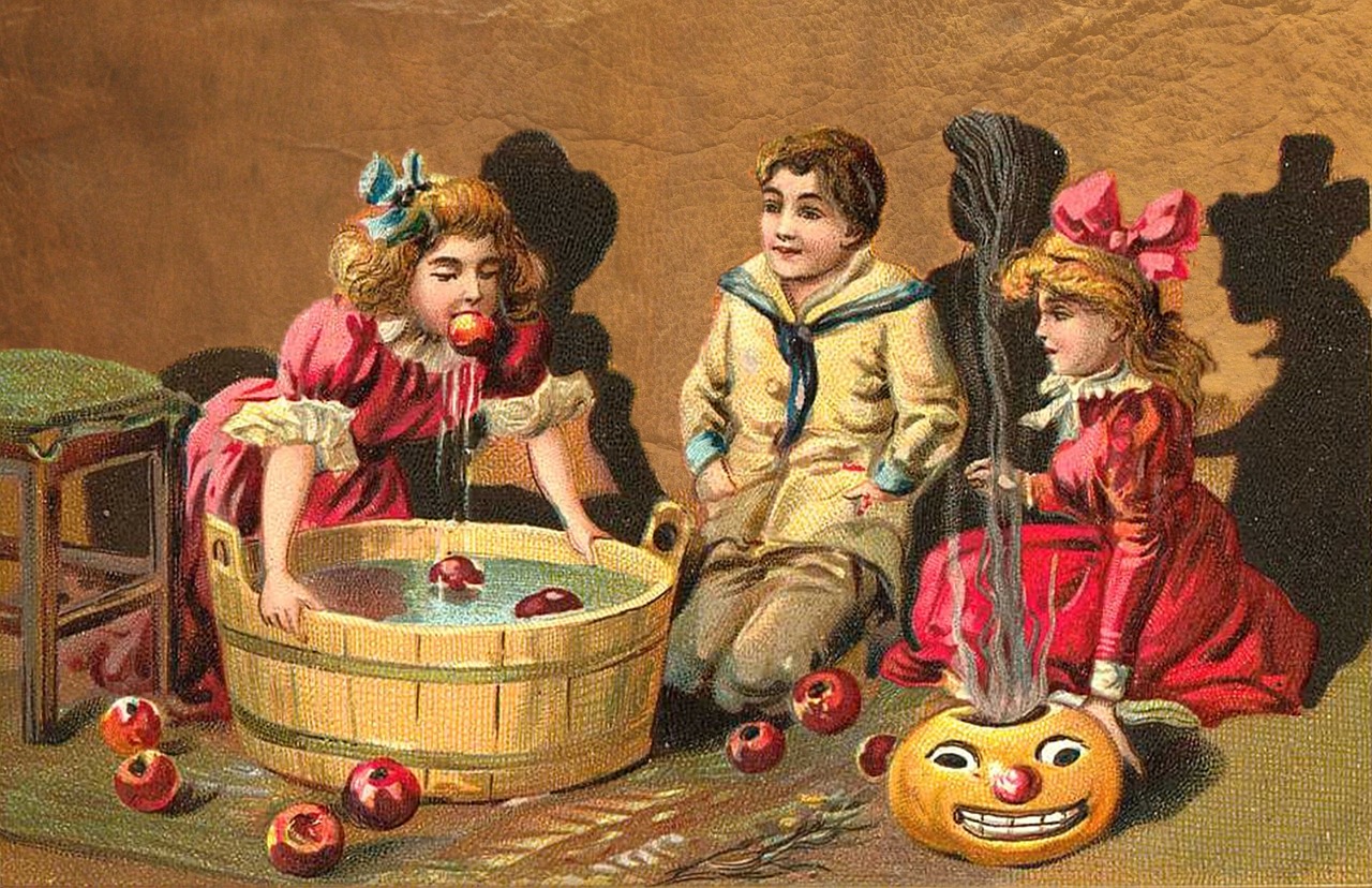 Halloween, Vintage, Vaikai, Kortelė, Laimingas, Šventė, Mergaitė, Obuoliai, Gyvūnas, Moliūgas
