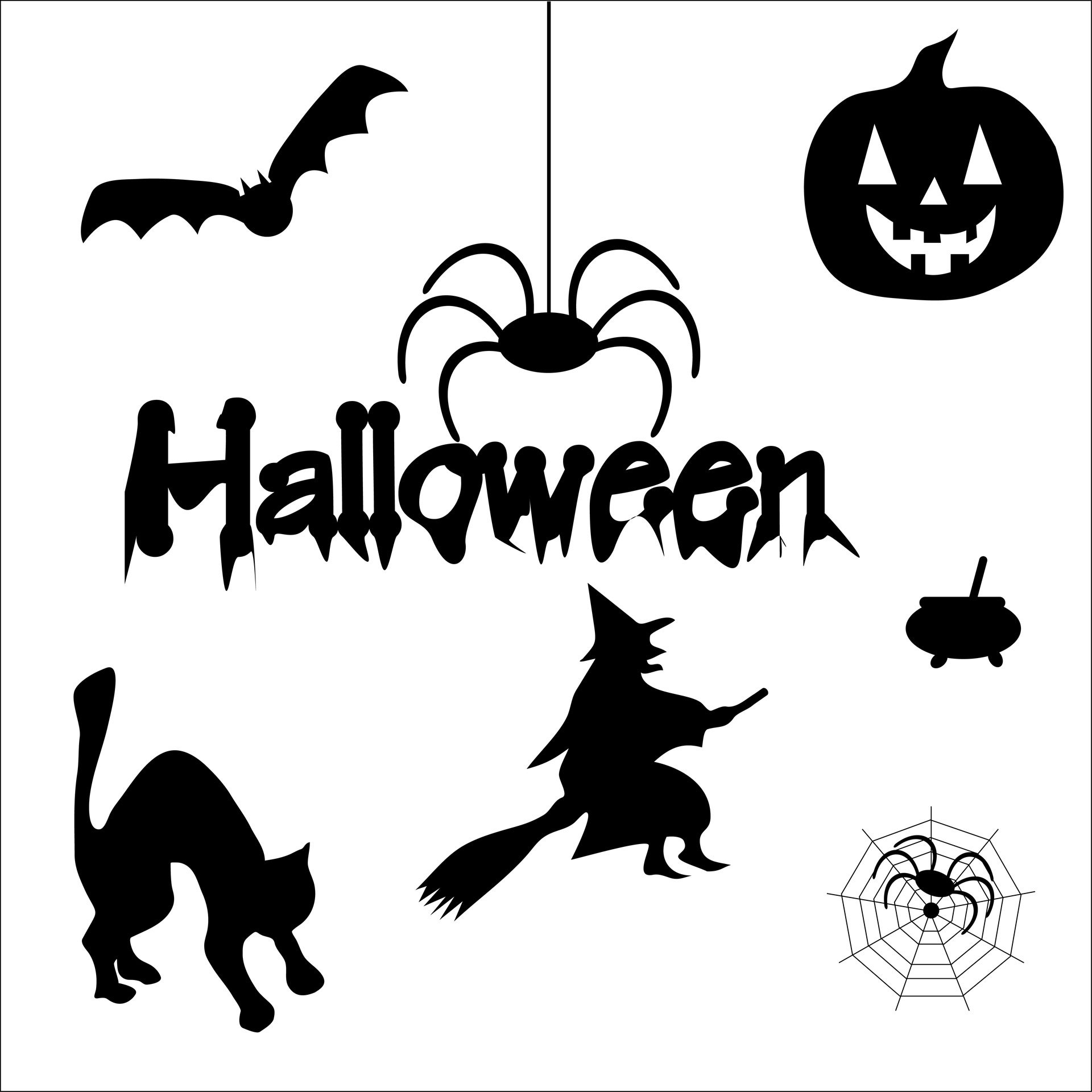 Halloween,  Menas,  Simboliai,  Elementai,  Iliustracija,  Juoda,  Katė,  Ragana,  Šluotukas,  Voras