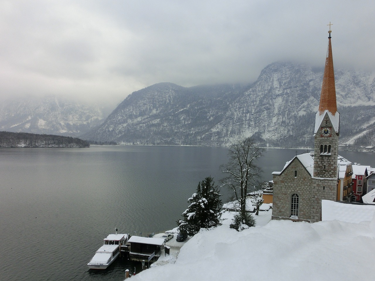 Hallstatt, Ežeras, Žiema, Austria, Bažnyčia, Unesco, Pasaulinis Paveldas, Hallstättersee Ežeras, Šaltas, Kaimas