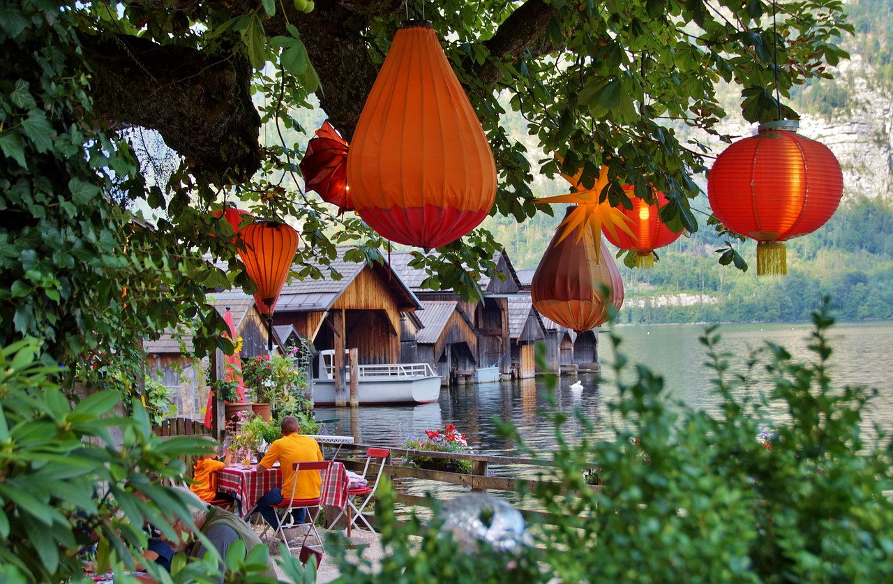 Hallstatt,  Restoranas,  Žibintai,  Ežeras,  Bankas,  Promenade,  Saulėlydžio,  Oświetlaniem,  Atmosfera,  Vasara