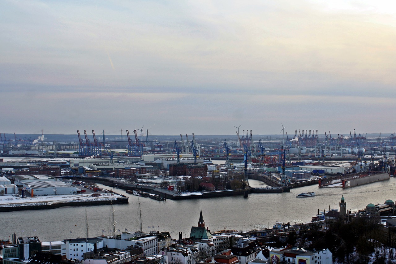 Hamburgas, Uosto Motyvai, Michel, Panorama, Vaizdas Iš Michel, Elbe, Uostas, Kranai, Bloga Oro Fotografija, Lietingas Oras