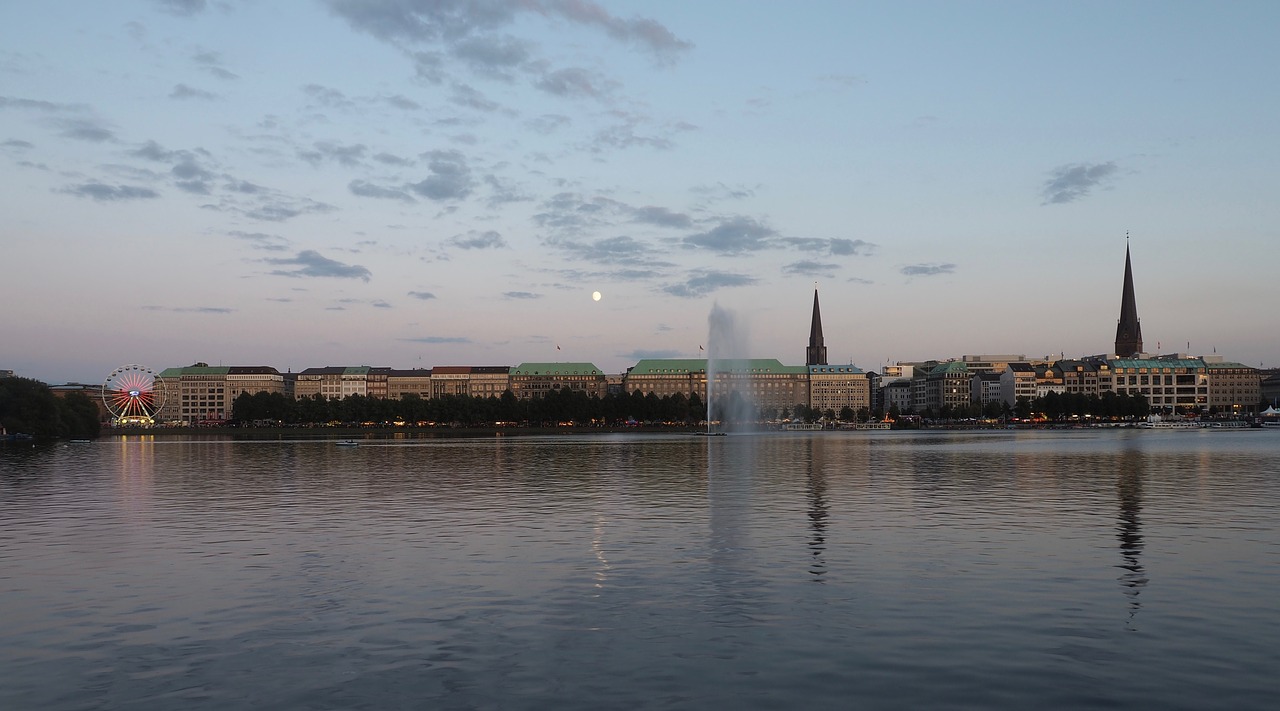 Hamburgas, Alster, Vanduo, Vokietija, Miestas, Jungfernstieg, Dusk, Vasara, Innenalster, Nemokamos Nuotraukos